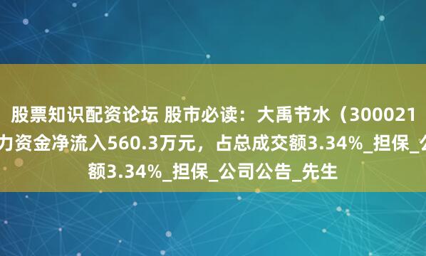 股票知识配资论坛 股市必读：大禹节水（300021）5月15日主力资金净流入560.3万元，占总成交额3.34%_担保_公司公告_先生